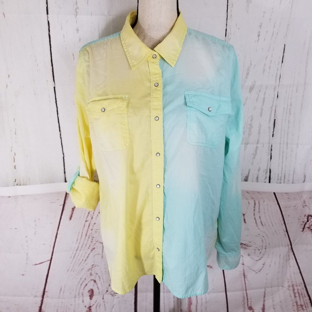 Arizona Jean Snap Button Shirt 1X Plus Yellow Blue